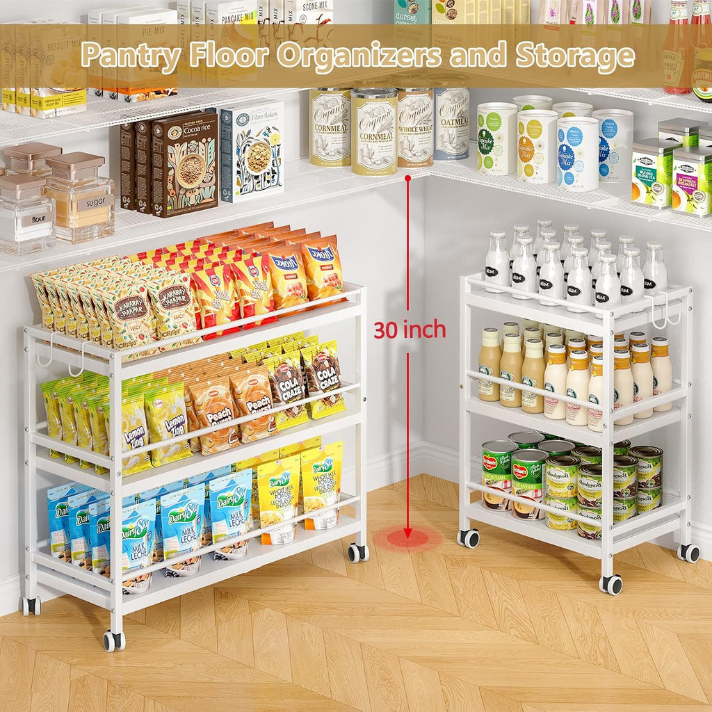 3-Tier Expandable Rolling Pantry Organizers and Storage Cart with Wheels, Adjustable Pantry Floor Organizer, Snack Cart for Pantry, Kitchen Storage Cart with 4 Hooks for Snack, Food, Vegetables, White