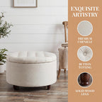 28" Round Storage Ottoman, Tufted Coffee Table for Living Room,Beige | Chenille Upholstered Footrest with Removable-Top & Wood Leg Large Footstool