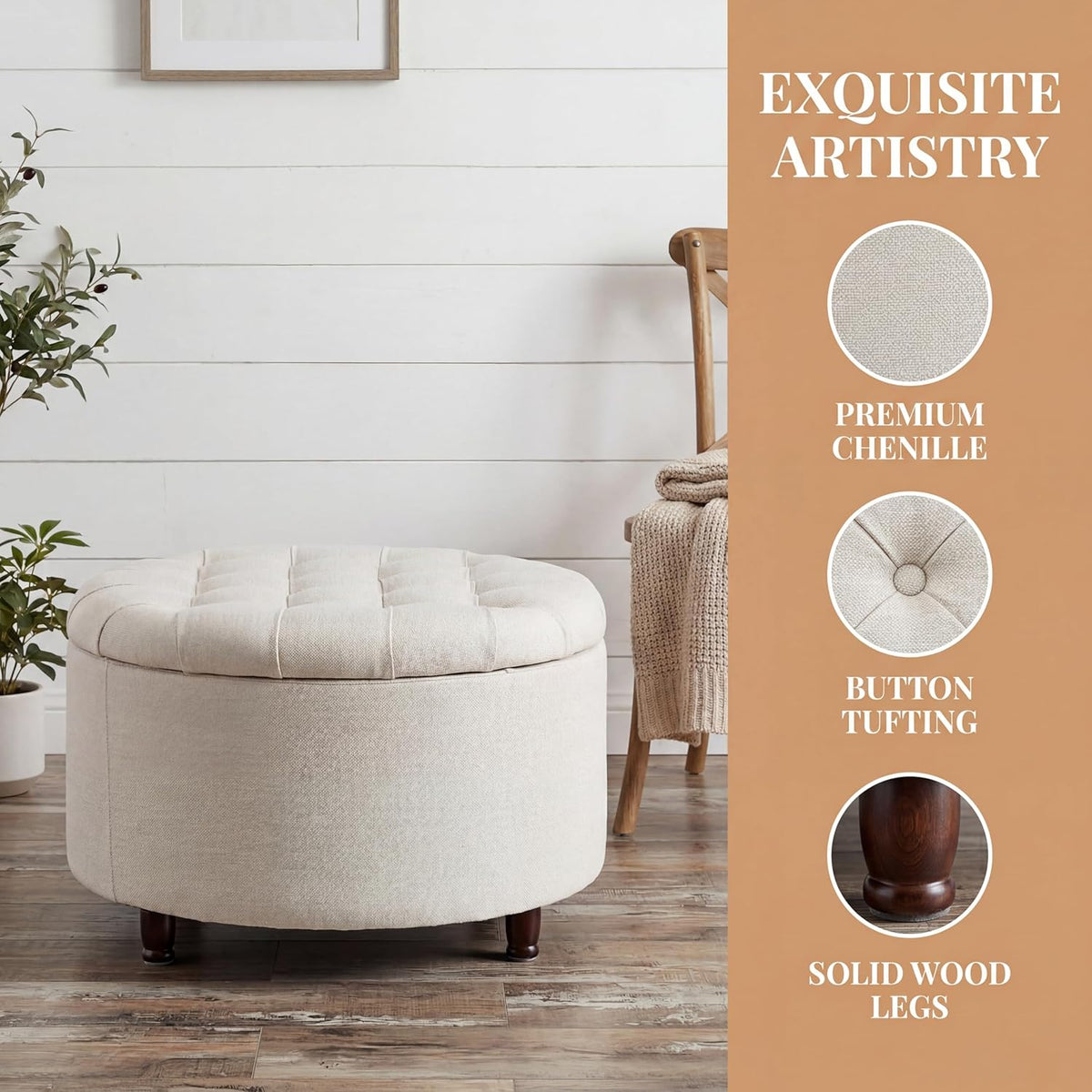 28" Round Storage Ottoman, Tufted Coffee Table for Living Room,Beige | Chenille Upholstered Footrest with Removable-Top & Wood Leg Large Footstool