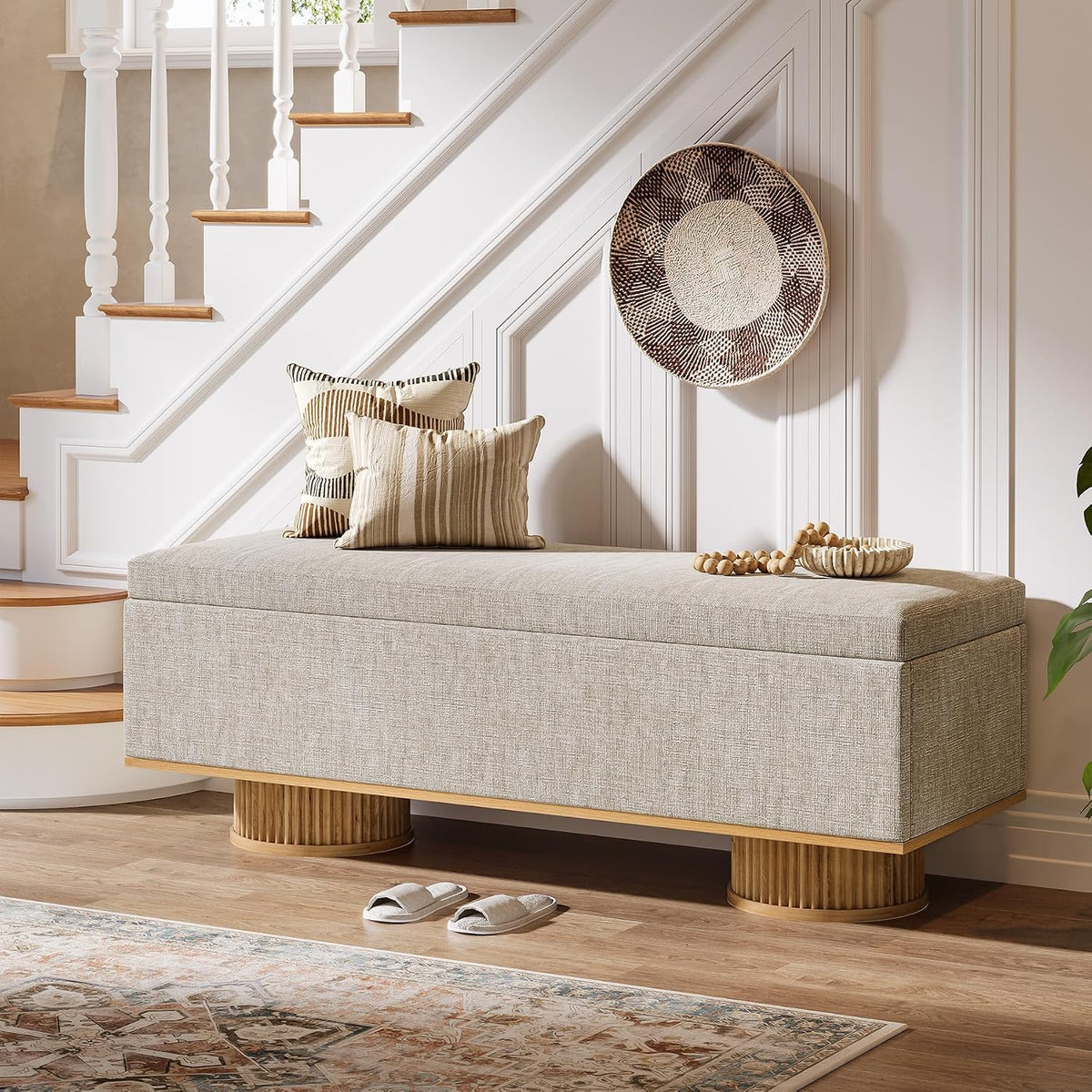 Tribesigns 50.39" Storage Bench with Padded Seat Cushion, Upholstered Shoe Bench with Flip Up Storage for Bedroom, Living Room, Entryway, Load up to 330 lb, Beige + Wood Color
