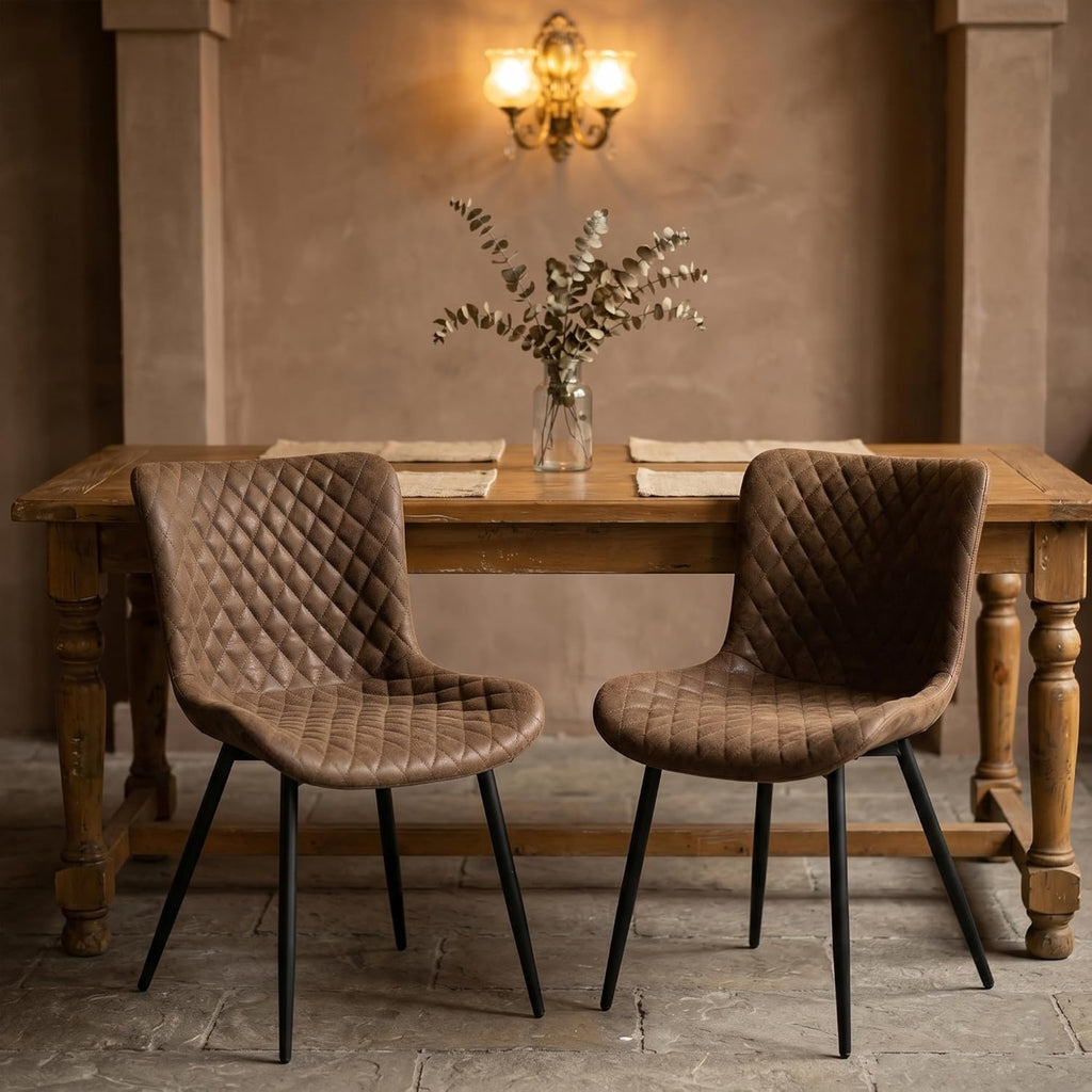 Modern Dining Chairs Set of 2, Upholstered Suede Dining Chairs with Curved Back & Thick Cushion Seat, Mid Century Armless Kitchen & Dining Room Chairs with Black Metal Legs, Brown