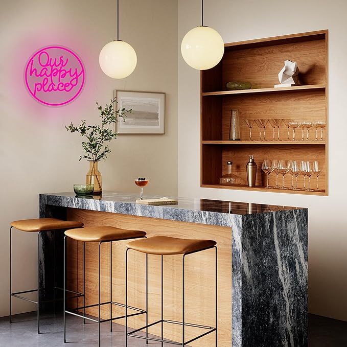 "Our happy place" Neon Sign Happy Place Neon Light for Wall Decor Letter Neon Signs Pink LED Neon Sign Round LED Neon Light for Bedroom Bar Party Birthday Club Decor