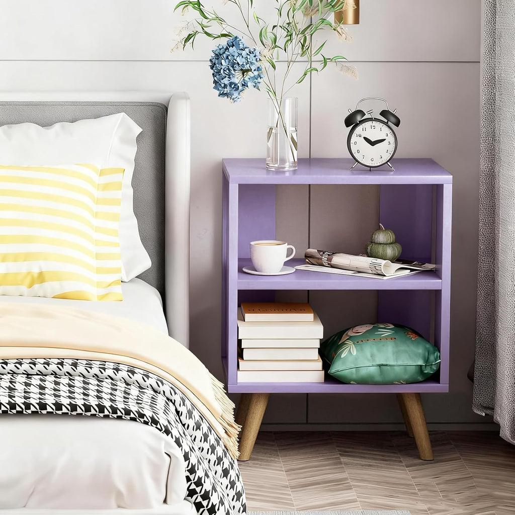Aenuert Night Stand, Purple Nightstand, Modern End Table with Open Storage, 2-Tier Wooden Bedside Table for Small Space, Living Room, Bedroom