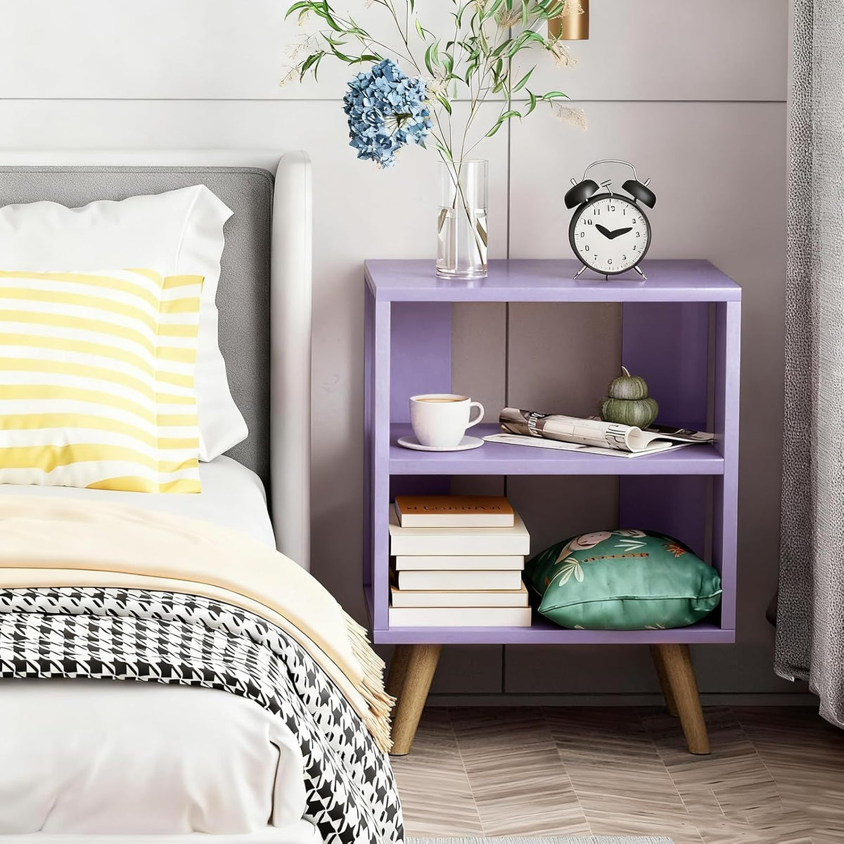 Aenuert Night Stand, Purple Nightstand, Modern End Table with Open Storage, 2-Tier Wooden Bedside Table for Small Space, Living Room, Bedroom