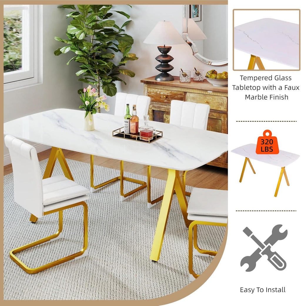 51.2 Inch Faux Marble Dining Table,Rectangular Glass Dining Table for 4-6,White Dining Room Table with Tempered Glass Tabletop and Golden Metal Legs,Luxury Dinner Table for Kitchen Apartment