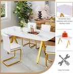 51.2 Inch Faux Marble Dining Table,Rectangular Glass Dining Table for 4-6,White Dining Room Table with Tempered Glass Tabletop and Golden Metal Legs,Luxury Dinner Table for Kitchen Apartment