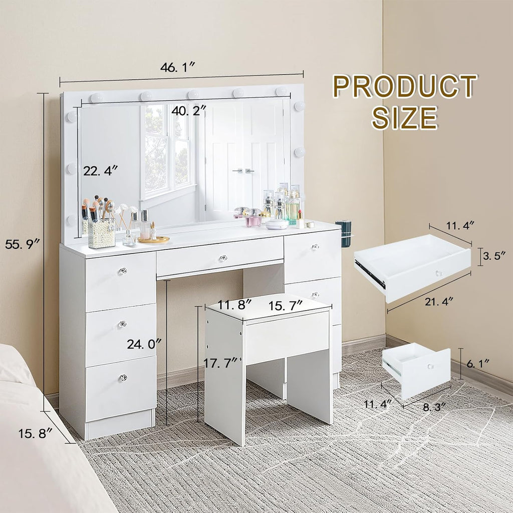 SweetGO 46" LED Lighted Makeup Vanity Desk, 7 Smooth-Glide Drawers, USB & AC Charging Station, Adjustable 3 Light Modes, Cushioned Stool Included, White