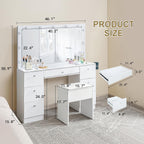 SweetGO 46" LED Lighted Makeup Vanity Desk, 7 Smooth-Glide Drawers, USB & AC Charging Station, Adjustable 3 Light Modes, Cushioned Stool Included, White