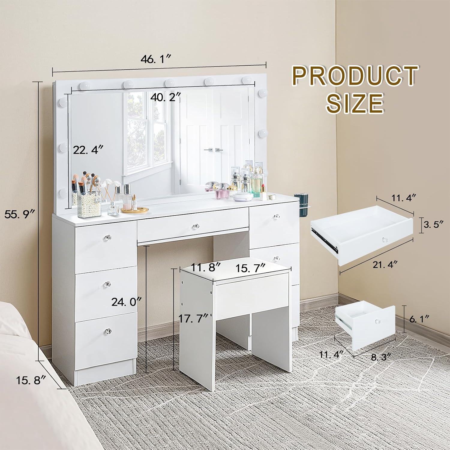 SweetGO 46" LED Lighted Makeup Vanity Desk, 7 Smooth-Glide Drawers, USB & AC Charging Station, Adjustable 3 Light Modes, Cushioned Stool Included, White