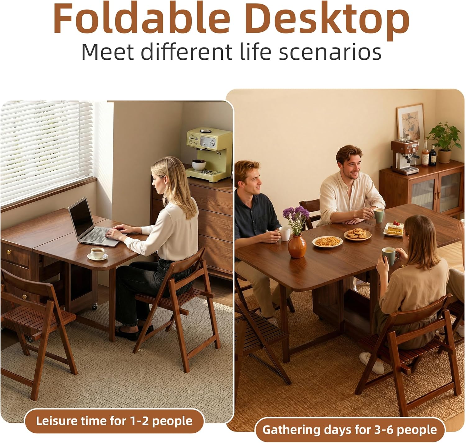 Small Drop Leaf Table - 51" Fully Assembled Folding Dining Table 4-6 Seater with Storage and Lockable Wheels, Space-Saving for Kitchen or Dining Room (Walnut)