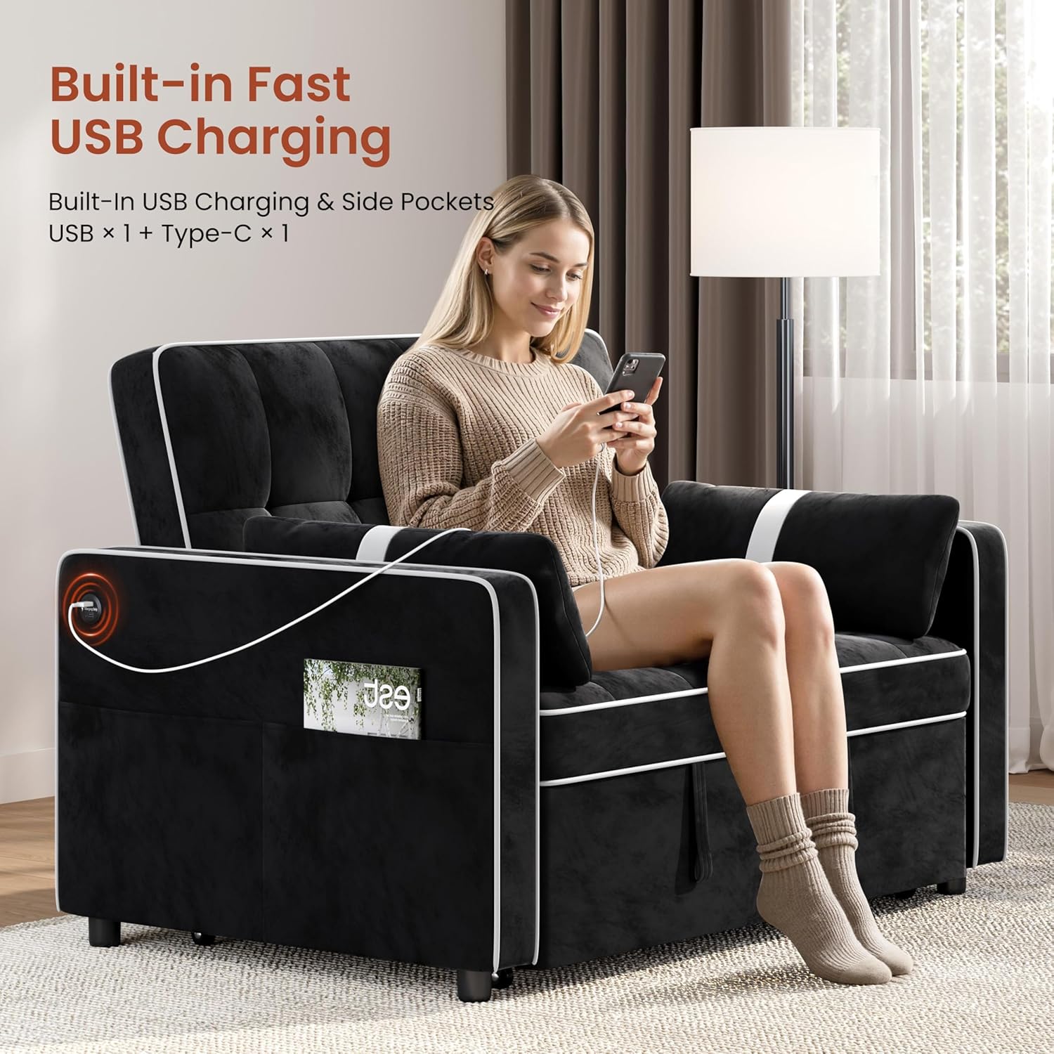 Yaheetech 3 in 1 Sofa Bed Convertible Velvet Sofa Pull Out Couch Folding Loveseat Sleeper with Adjustable Backrest, Armrest Pillows, USB Ports, Side Pockets for Living Room Bedroom Apartment, Black
