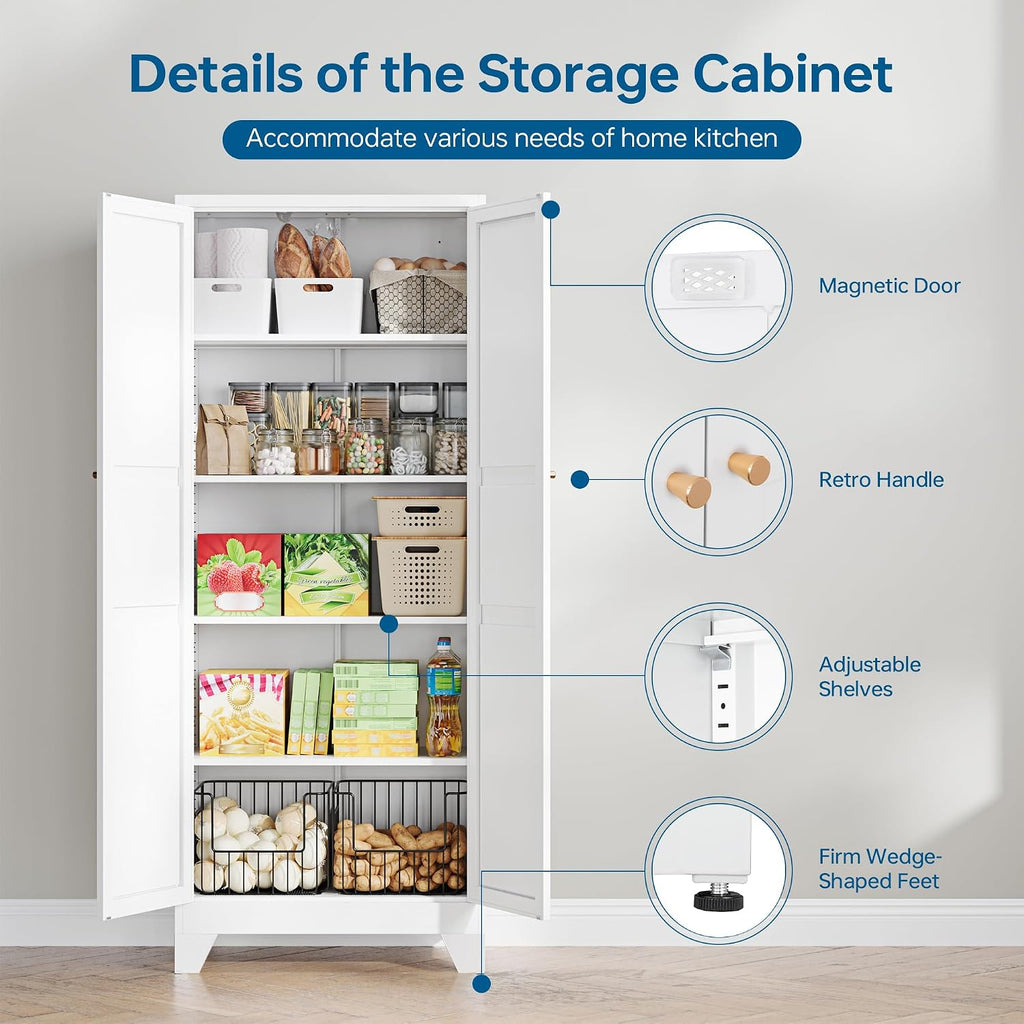 PEUKC 75" Farmhouse Metal Storage Cabinet with Doors and 4 Adjustable Shelves, Large Pantry Organizer for Kitchen, Dining Room, and Living Room,Assemble Require(White)
