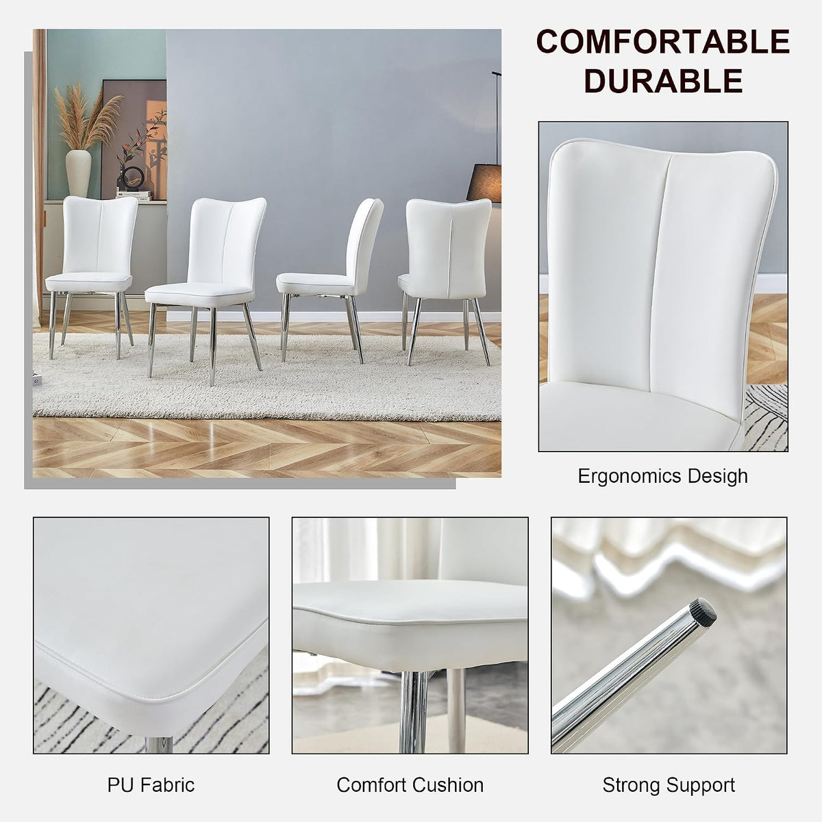 Dining Room Chairs Set - 2x Modern Faux Leather High Back Armless Chairs, Chrome Legs, Upholstered for Home, Living Room
