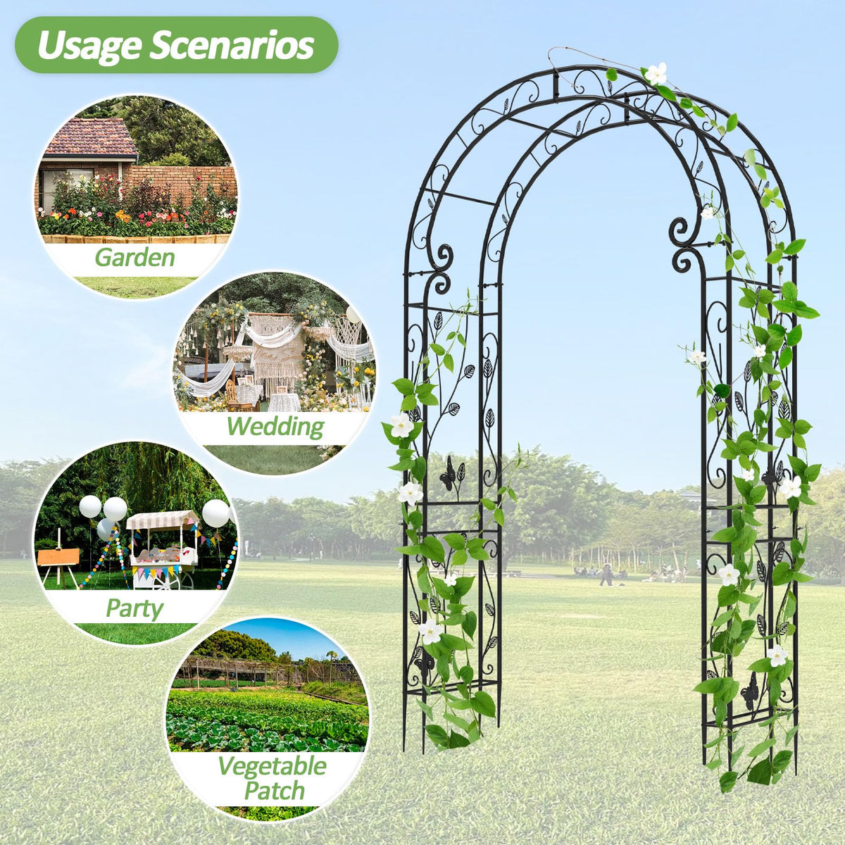 Trellume Garden Abor - 88"(H)*51"(L), Sturdy Metal Garden Arch with Rust-Resistant Finish, Trellis for Climbing Plants Outdoor, Ideal as Wedding Arches for Ceremony（20MM Pipe）