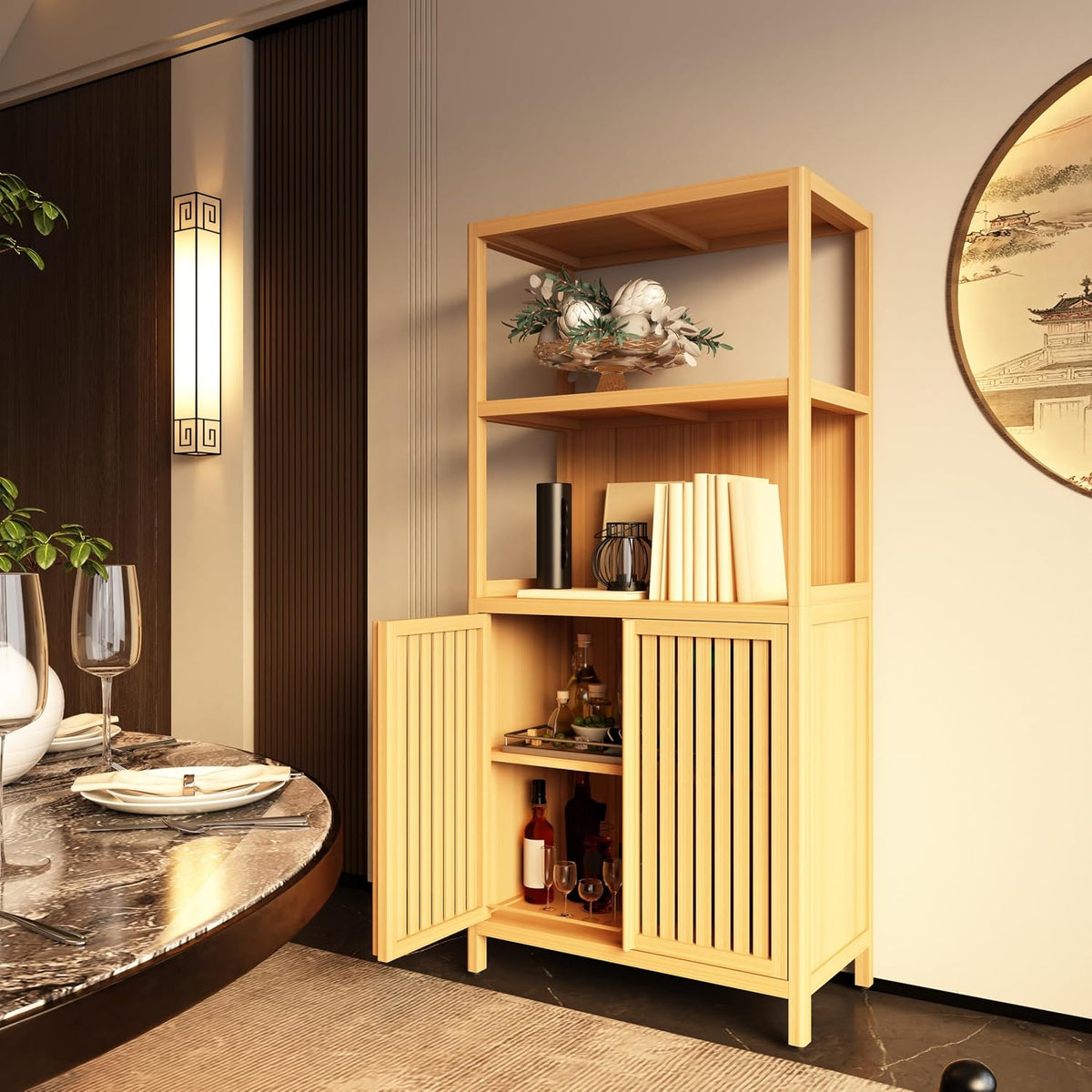 Tall Pantry Storage Cabinet, Bookcase Display Cabinet with Rattan Doors and Shelves, Food Pantry Storage Cabinet for Living Room, Dining Room, Kitchen (Neutral)
