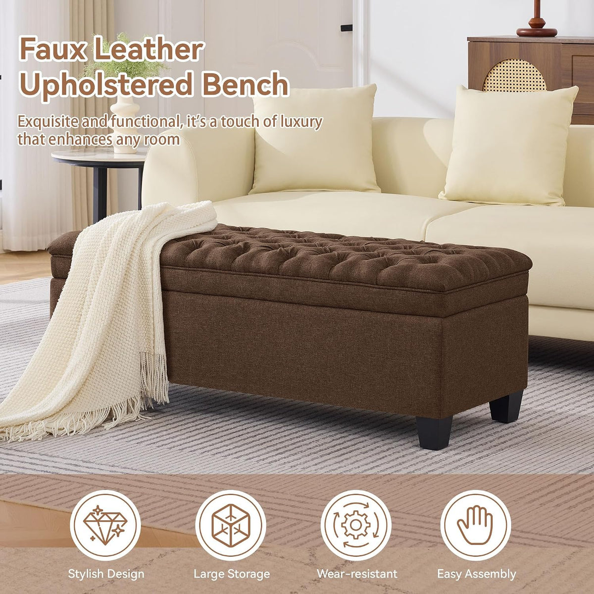 WUTUTUEE 50" Fabric Storage Ottoman Bench, Upholstered Rectangle End of Bed Storage Ottoman Tufted Living Room Bedroom Bench with Safety Hinge, Solid Wood Legs, Loads 500 lb(Brown)