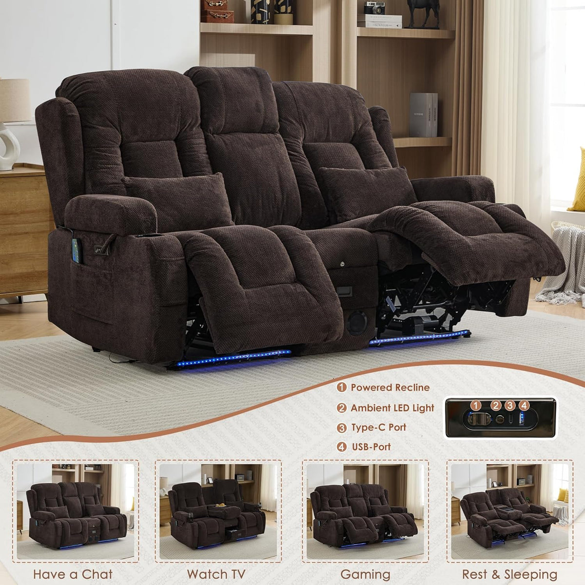 TUNYI Wall Hugger Loveseat Recliner Sofa with Console, Power Reclining Loveseat RV Couch with Massage & Heat/USB/Outlet/Storage/LED Light/Speaker (Brown, 2 Seat with Console)