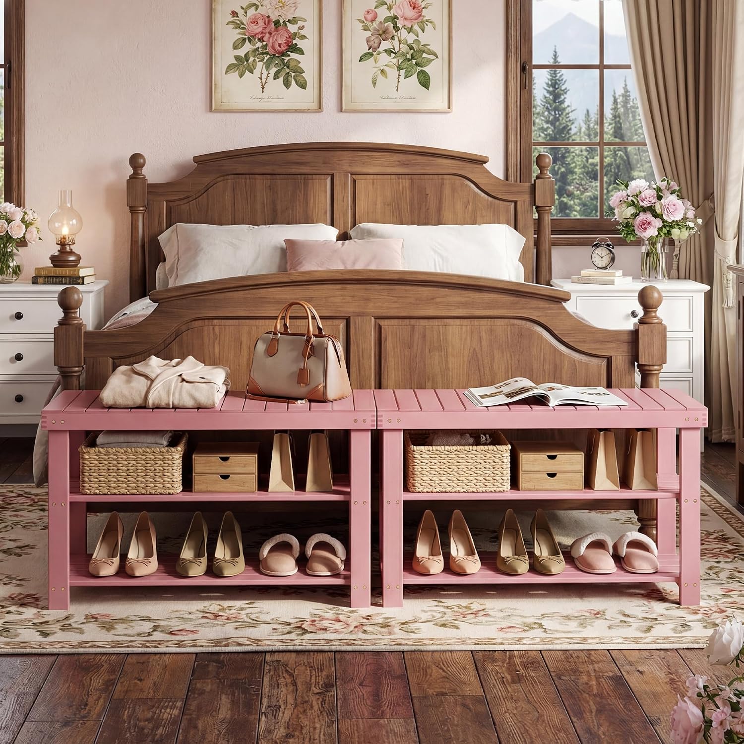 SMIBUY Bamboo Shoe Rack Bench, 3-Tier Shoe Organizer Storage Shelf for Entryway Hallway Bathroom Living Room (Pink)