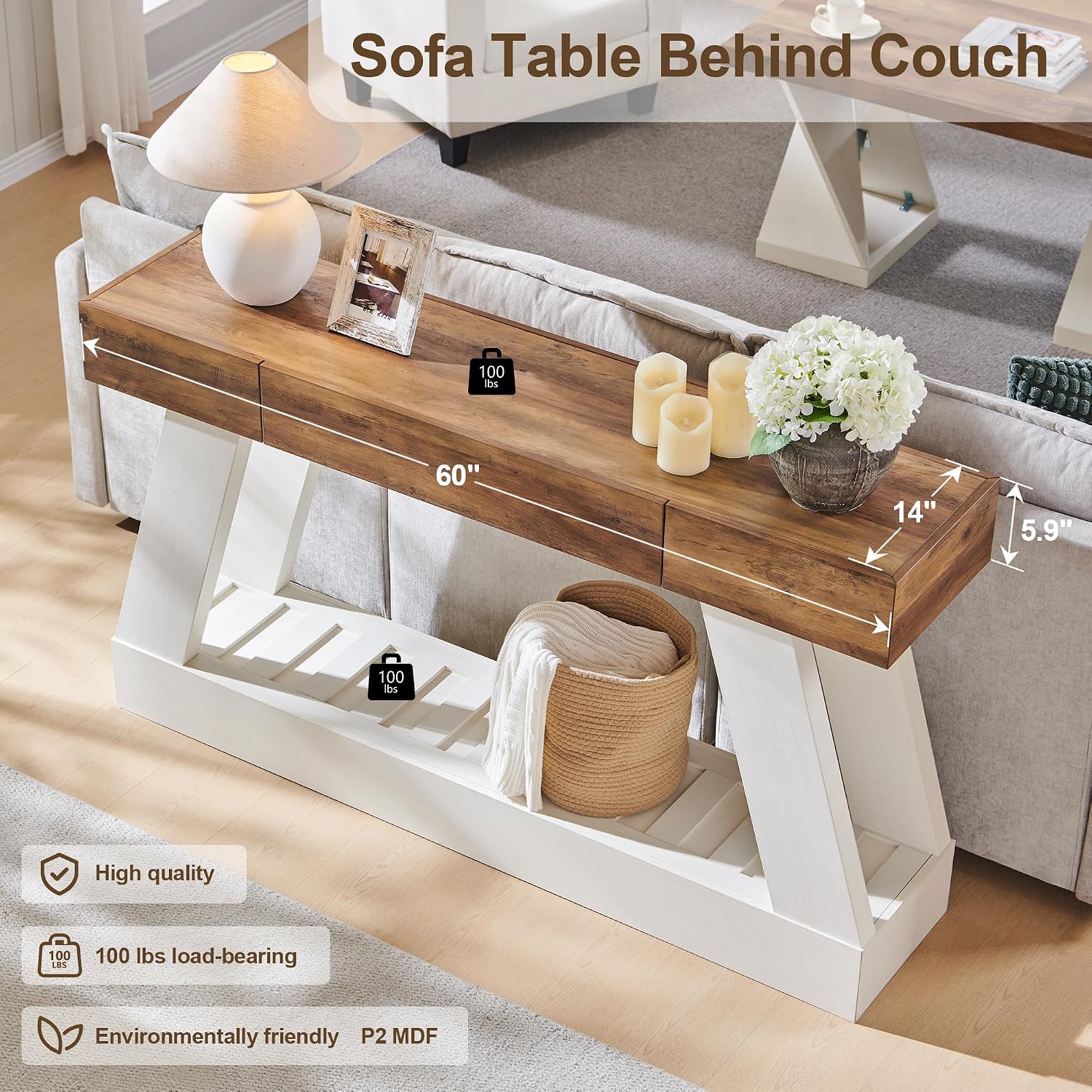 OKD 60" Farmhouse Entryway Table with Drawer, Console Table Behind Sofa | Narrow Long Entryway for Hallway, Living Room, Hallway, Behind Couch(Antique White)