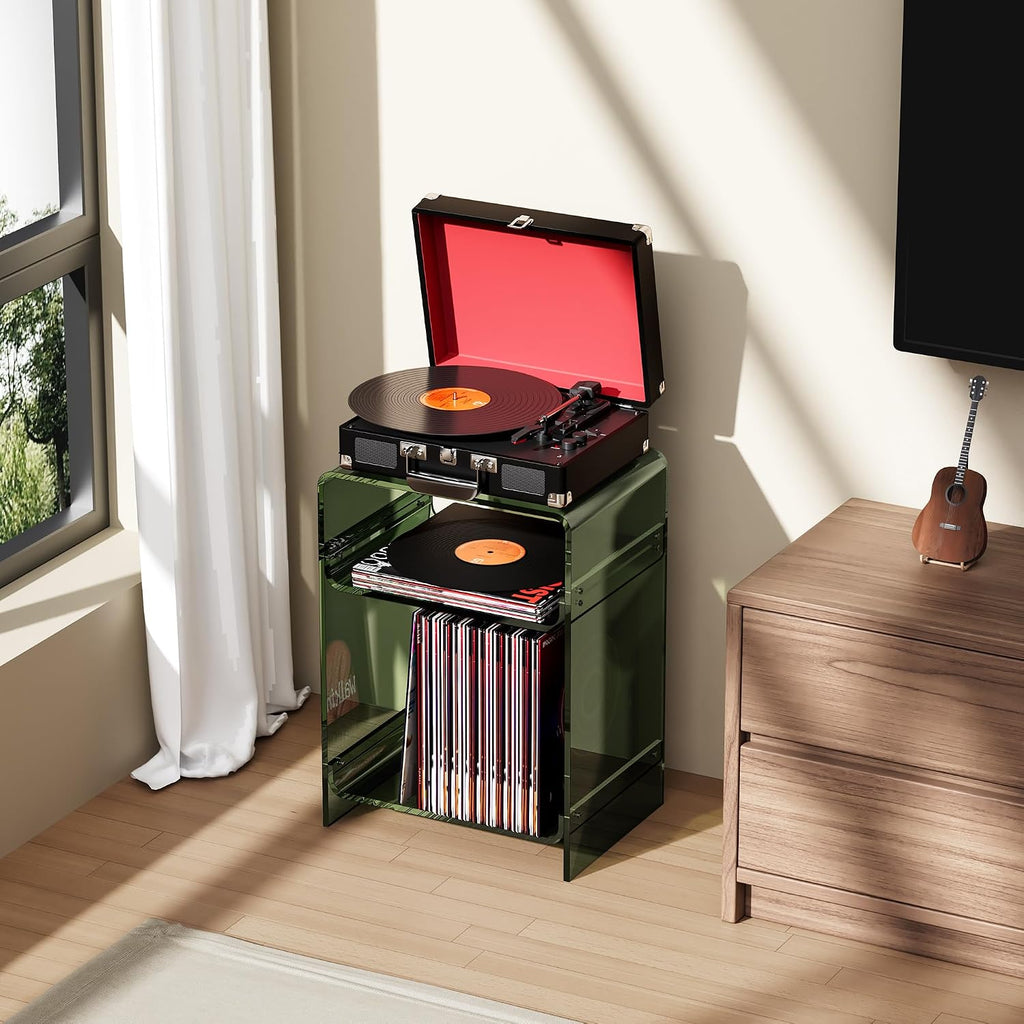 Acrylic Record Player Table with Storage Shelf, Clear Side Table Nightstand (Green, Medium)