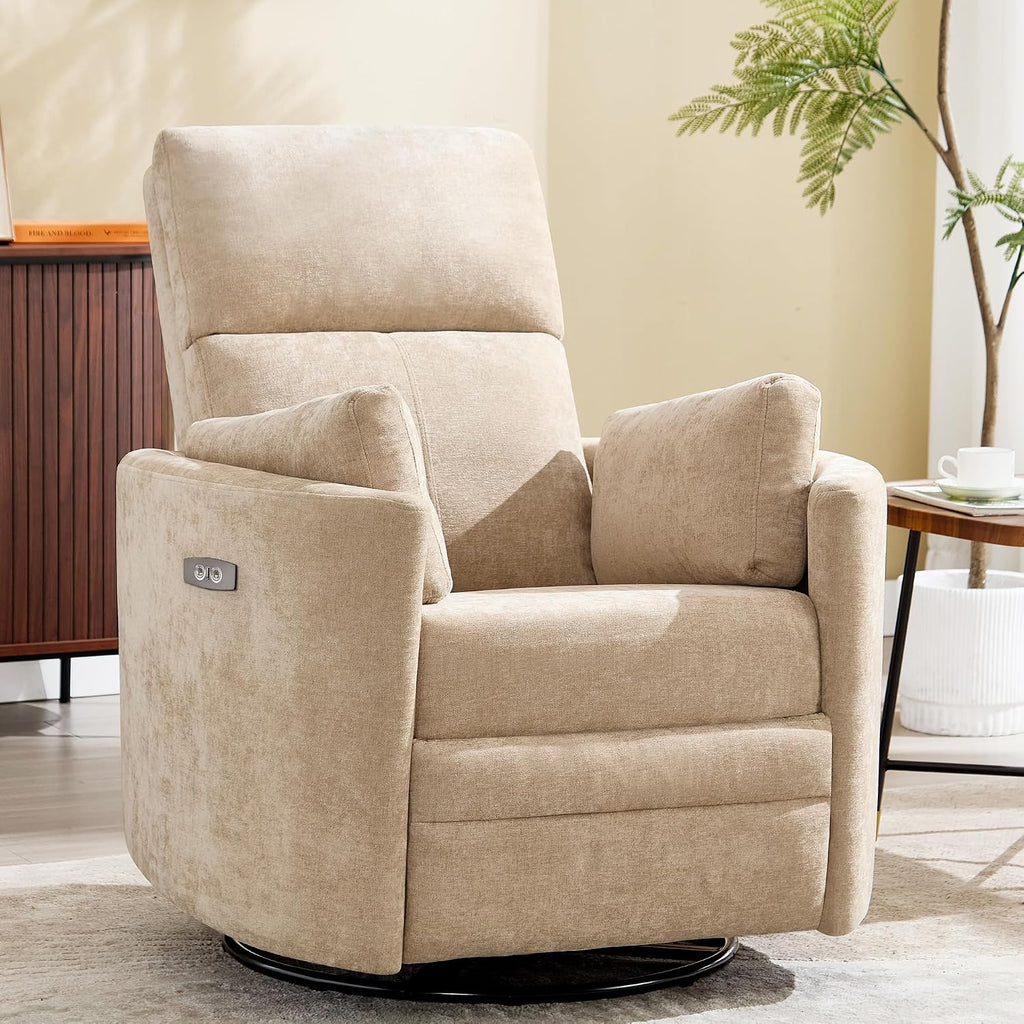 Power Recliner,Nursery Swivel Glider Rocking Chair with USB Port,Upholstered Adult Electric Recliner Rocking Chair with 2 Pillows for Living Room Bedroom (Khaki, Power-Driven)
