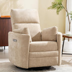 Power Recliner,Nursery Swivel Glider Rocking Chair with USB Port,Upholstered Adult Electric Recliner Rocking Chair with 2 Pillows for Living Room Bedroom (Khaki, Power-Driven)