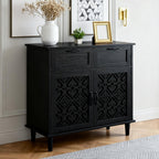 Sideboard Cabinet with 2 Doors & 2 Drawers - Adjustable Storage Console Table for Living Room, Bathroom - Modern Farmhouse Storage Cabinet with Black Handles