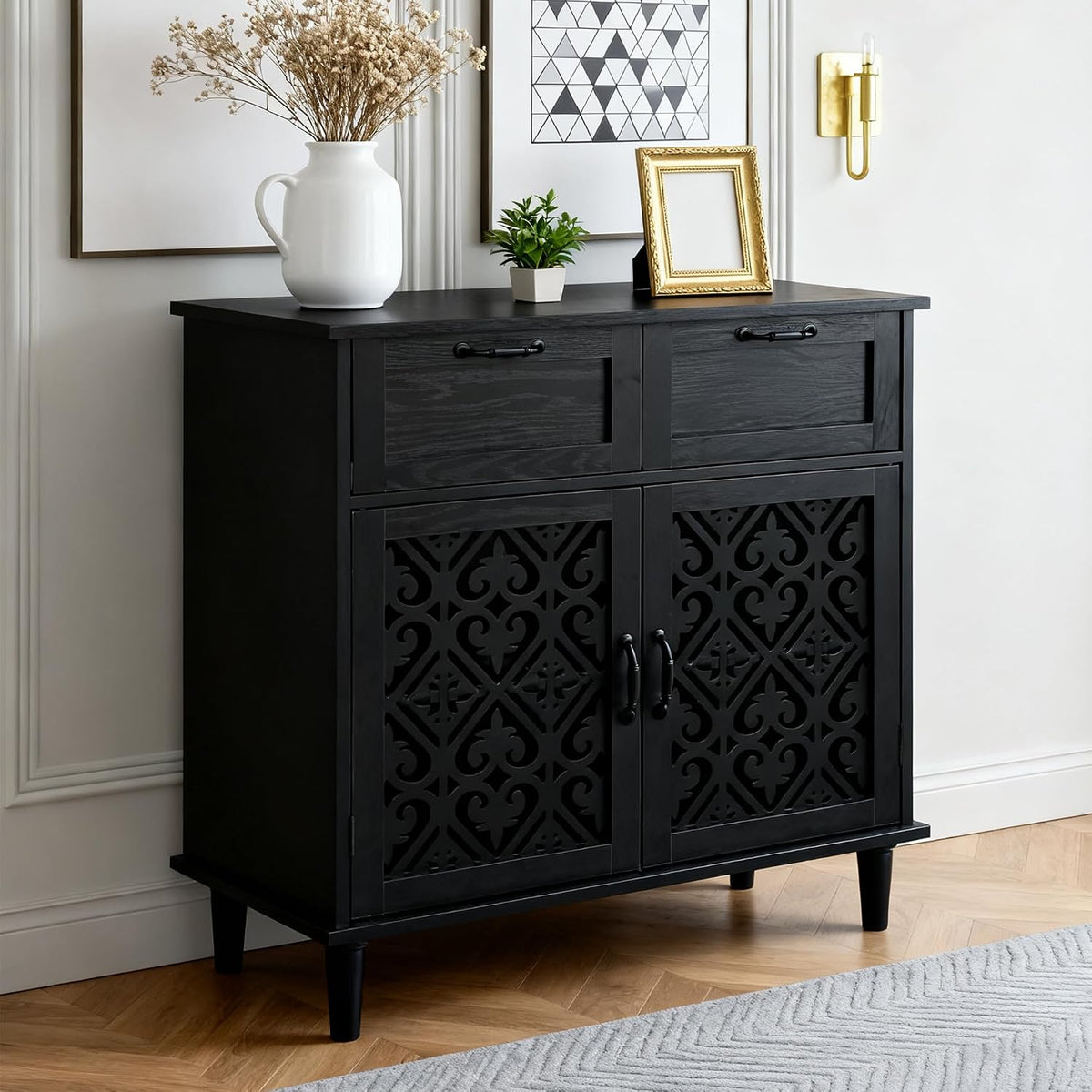 Sideboard Cabinet with 2 Doors & 2 Drawers - Adjustable Storage Console Table for Living Room, Bathroom - Modern Farmhouse Storage Cabinet with Black Handles