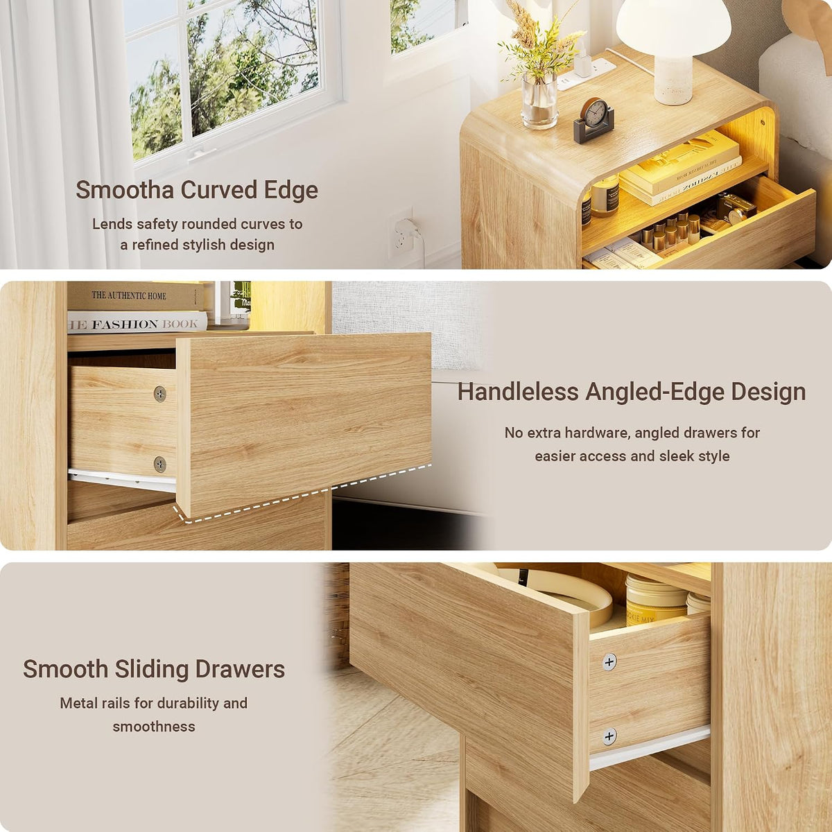 23"W 2 Drawer Nightstand with Charging Station and RGB LED Light | Curved Profile, Natural Oak, Handleless, Bedroom, FSC-Certified Wood, Modern, Open Shelf, Night Stand, End Table