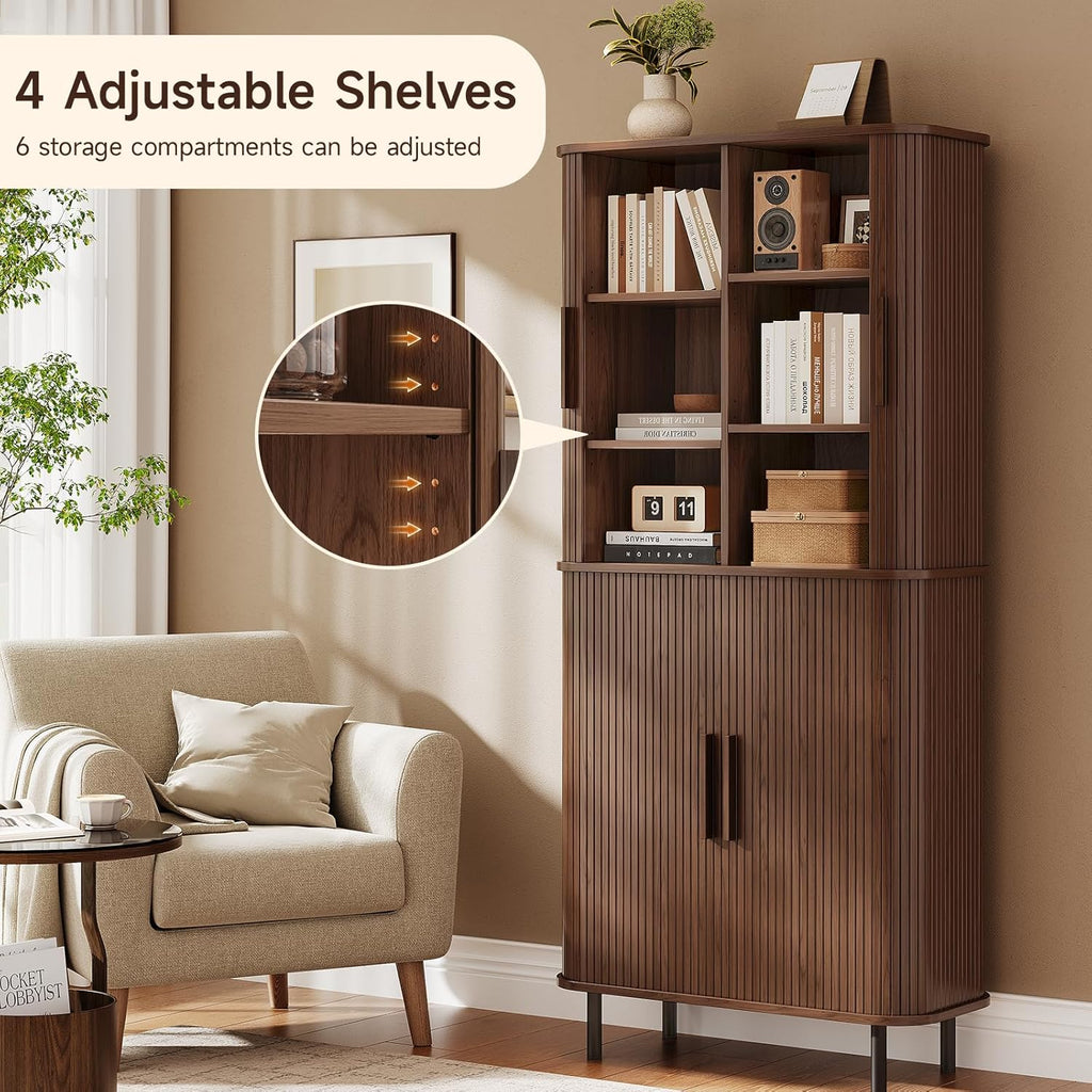 71" Tall Fluted Pantry Cabinet, Mid-Century Modern Kitchen Pantry Storage Cabinet with 2 Pegboards, 10 Hooks, Freestanding Cupboard with 4 Adjustable Shelves, Sliding Doors for Dining Room