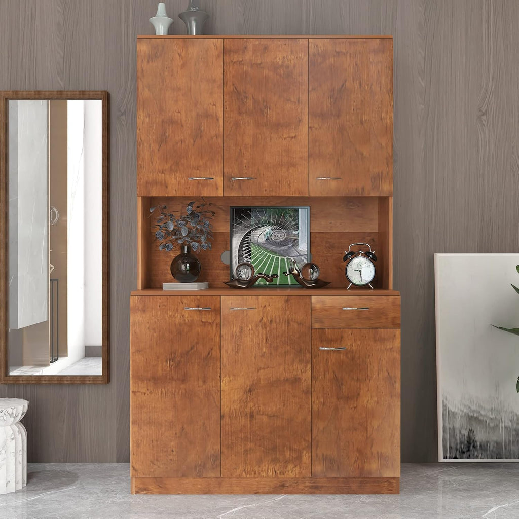 LUMISOL Pantry Sideboard, Solid Wood Kitchen Pantry Storage Cabinet, 70.87” Tall Sideboard with 6 Doors, 1 Open Shelves and 1 Drawers for Living Room, Kitchen, Dining Room, Brown