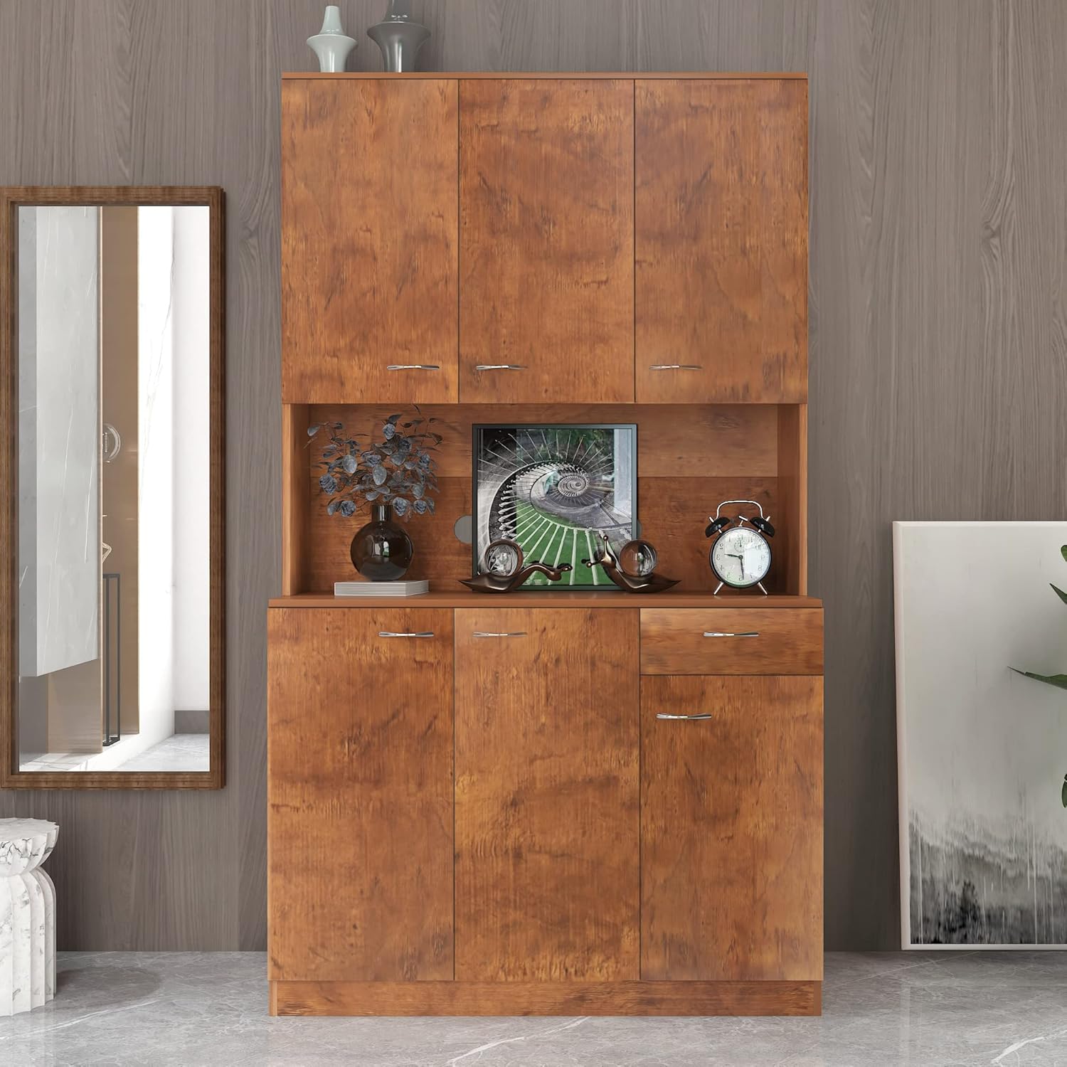 LUMISOL Pantry Sideboard, Solid Wood Kitchen Pantry Storage Cabinet, 70.87” Tall Sideboard with 6 Doors, 1 Open Shelves and 1 Drawers for Living Room, Kitchen, Dining Room, Brown