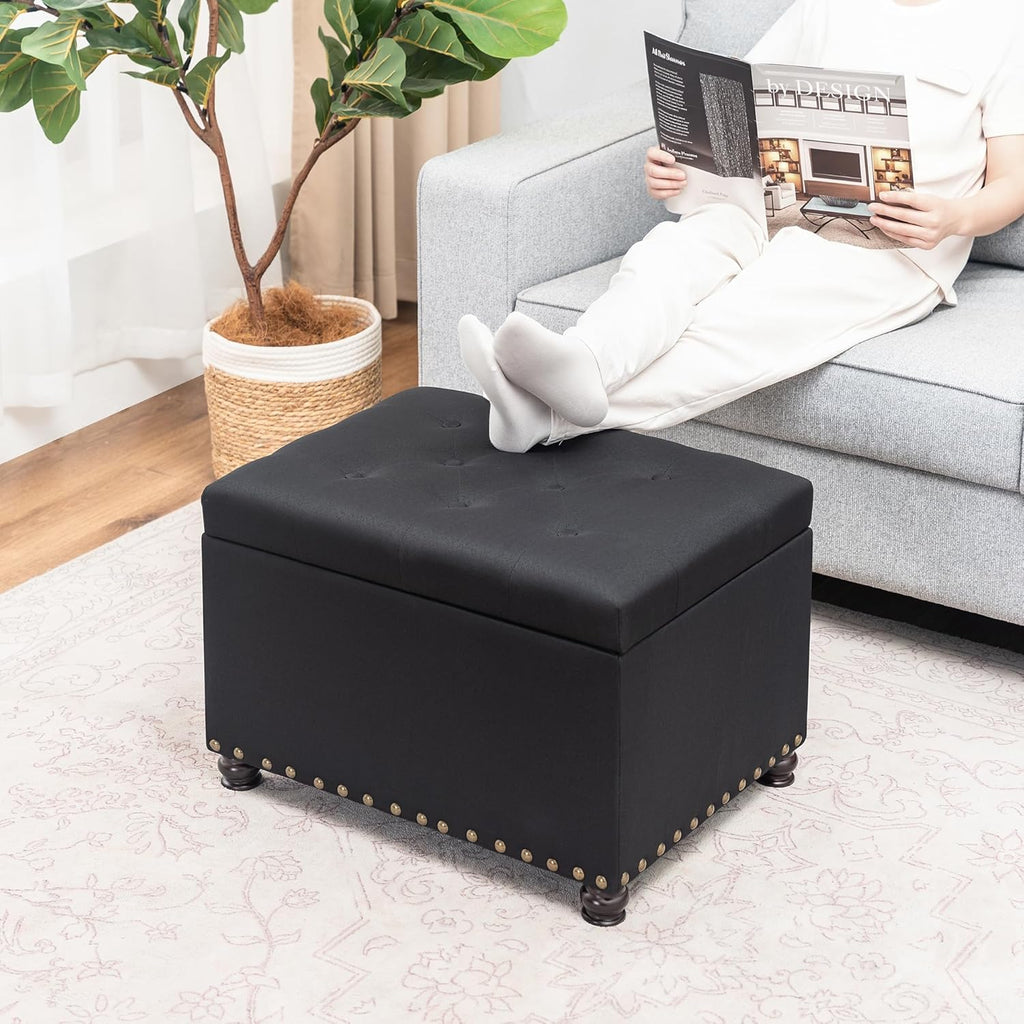 24" Storage Ottoman, Fabric Ottoman Foot Rest Stool with Hinged Lid, Tufted Rectangle Upholstered Footstool, Load Up to 350 lb, for Living Room, Bedroom, Dorm, Black