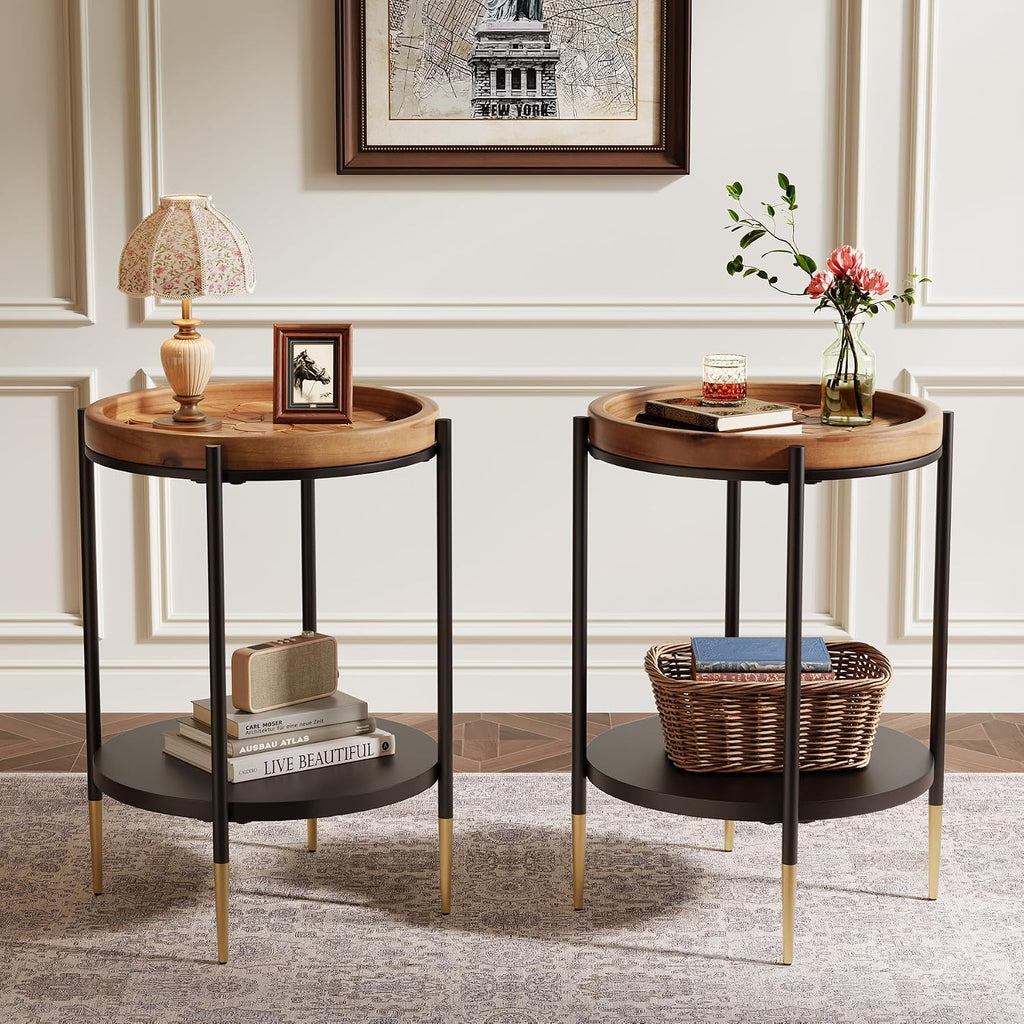 Tribesigns Round Side Table, 2-Tier End Table with Solid Wood and Metal, Industrial Nightstand for Small Spaces, Living Room, Bedroom, Study Room (Rustic Brown)