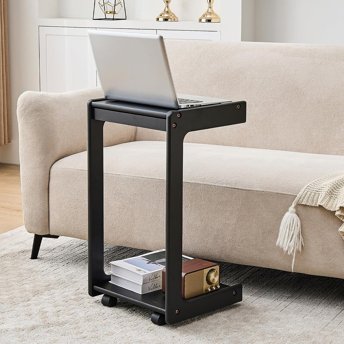 Uniclinens Rolling Side Table for Sofa - C Shape Couch End Table with Wheels, Mobile Wooden Slim Sofa Tray, Movable Small Couch Desk for Living Room Bedroom, Black