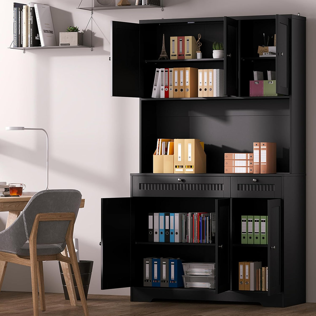 Pantry Storage Cabinet with Charging Station, Kitchen Storage with Adjustable Shelves, Food Pantry Cabinet with Coffee Bar Storage, Modern Kitchen Cupboard for Dining Room, Living Room, Black