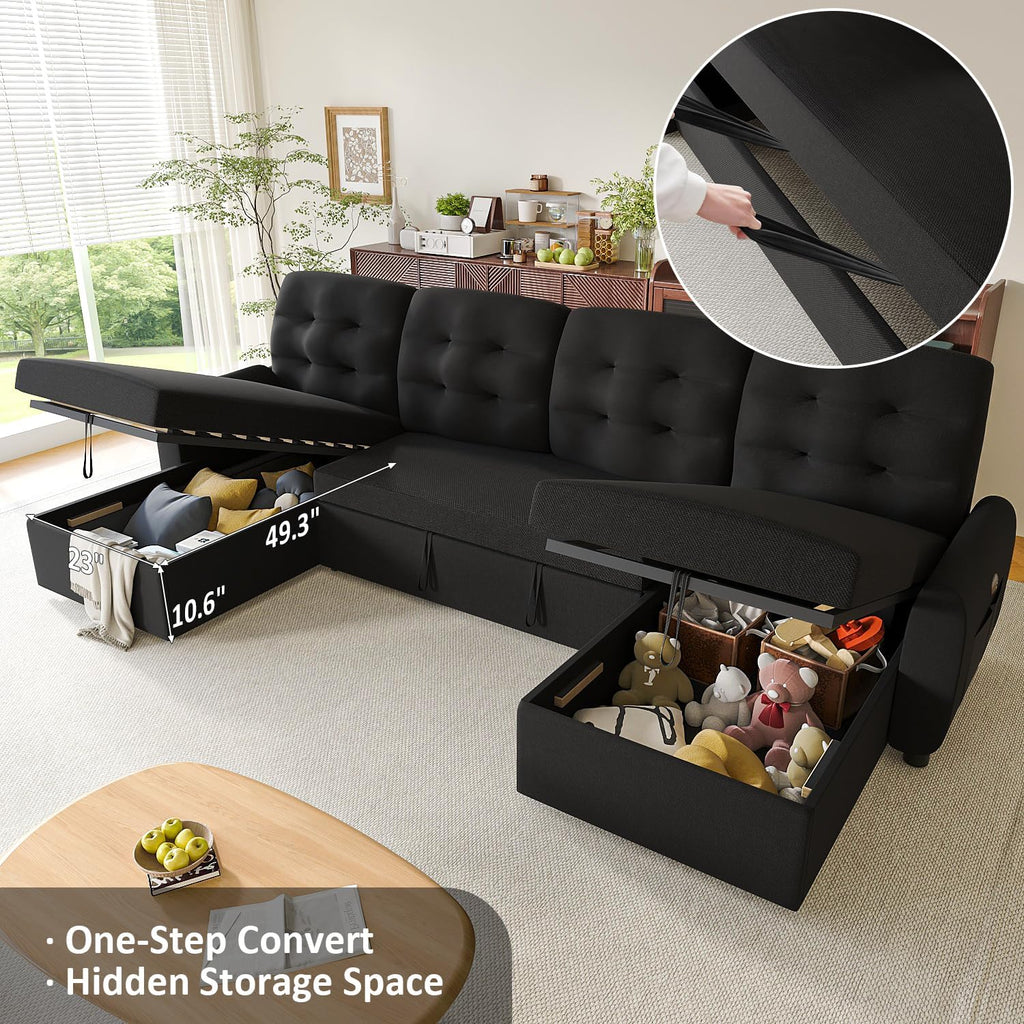 Ucloveria Sectional Sleeper Sofa Bed, 112" U-Shaped Sectional Couches for Living Room with Pull Out Bed, Oversize Couch Bed with Dual Reversible Storage Chaise | USB Charging | Side Pockets, Black