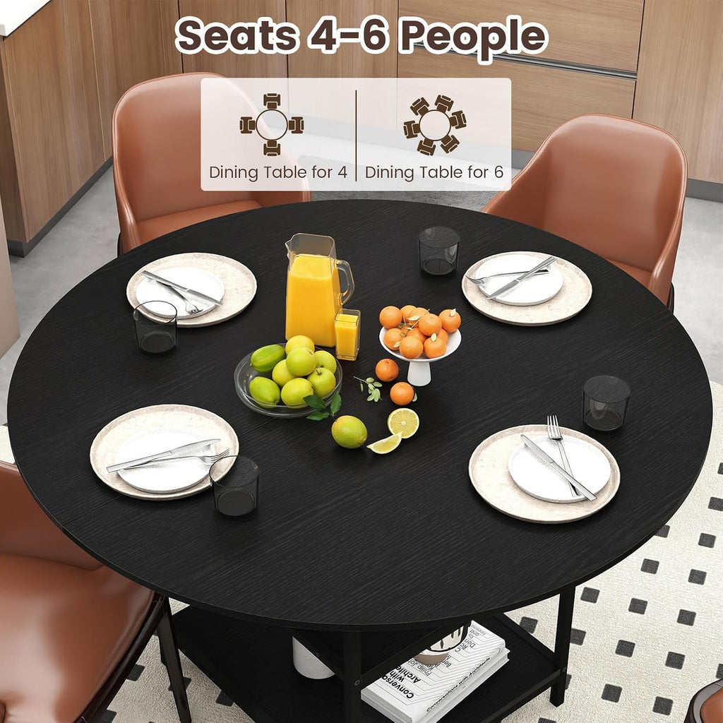 GOFLAME Round Dining Table for 4-6 People, 47” Kitchen Table with 2-Tier Storage Shelves and Heavy-Duty Metal Frame, Industrial Dinner Table for Kitchen, Dining Room, Apartment, Black