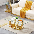 3 Piece Living Room Table Set, Rectangle Tempered Glass Coffee Table, End Tables, Console Table, Luxury Modern Clear Coffee Table Set of 3 with Gold Steel Base for Living Room, Apartment