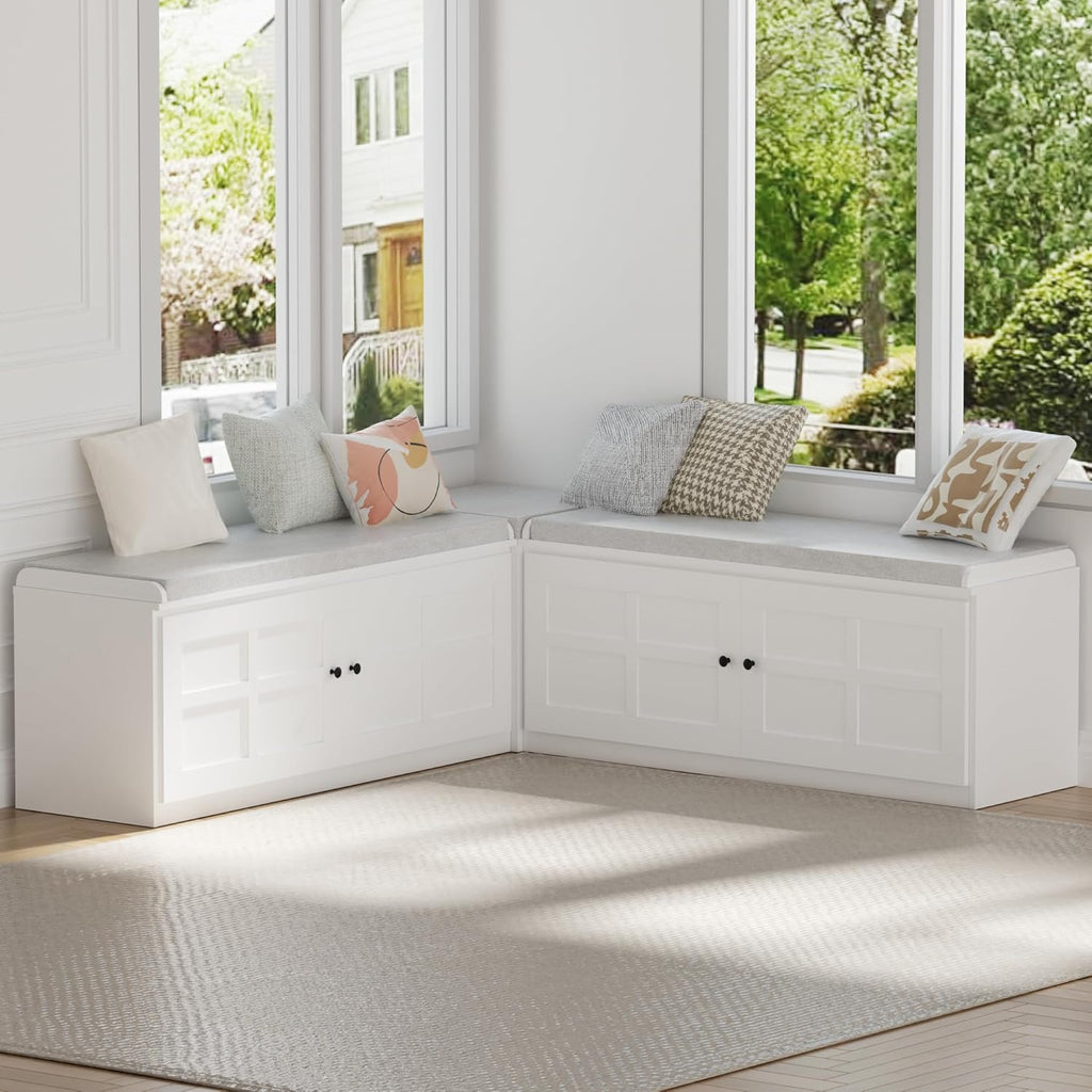 63 inches L-Shaped Storage Bench with Cushion Seat Corner Dining Bench with Hidden Storage Wooden Backless Bench for Entryway Dining Room Kitchen,White