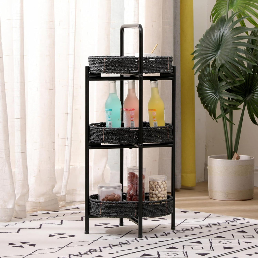 3 Tier Handwoven Oval Side Table Storage Basket with Detachable Trays | Woven Paper Rope Organizer for Living Room Bedroom Kitchen | Sturdy Metal Frame Tiered Shelf for Home Decor (Black)