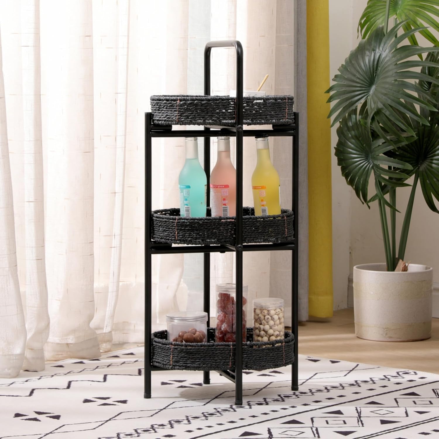 3 Tier Handwoven Oval Side Table Storage Basket with Detachable Trays | Woven Paper Rope Organizer for Living Room Bedroom Kitchen | Sturdy Metal Frame Tiered Shelf for Home Decor (Black)