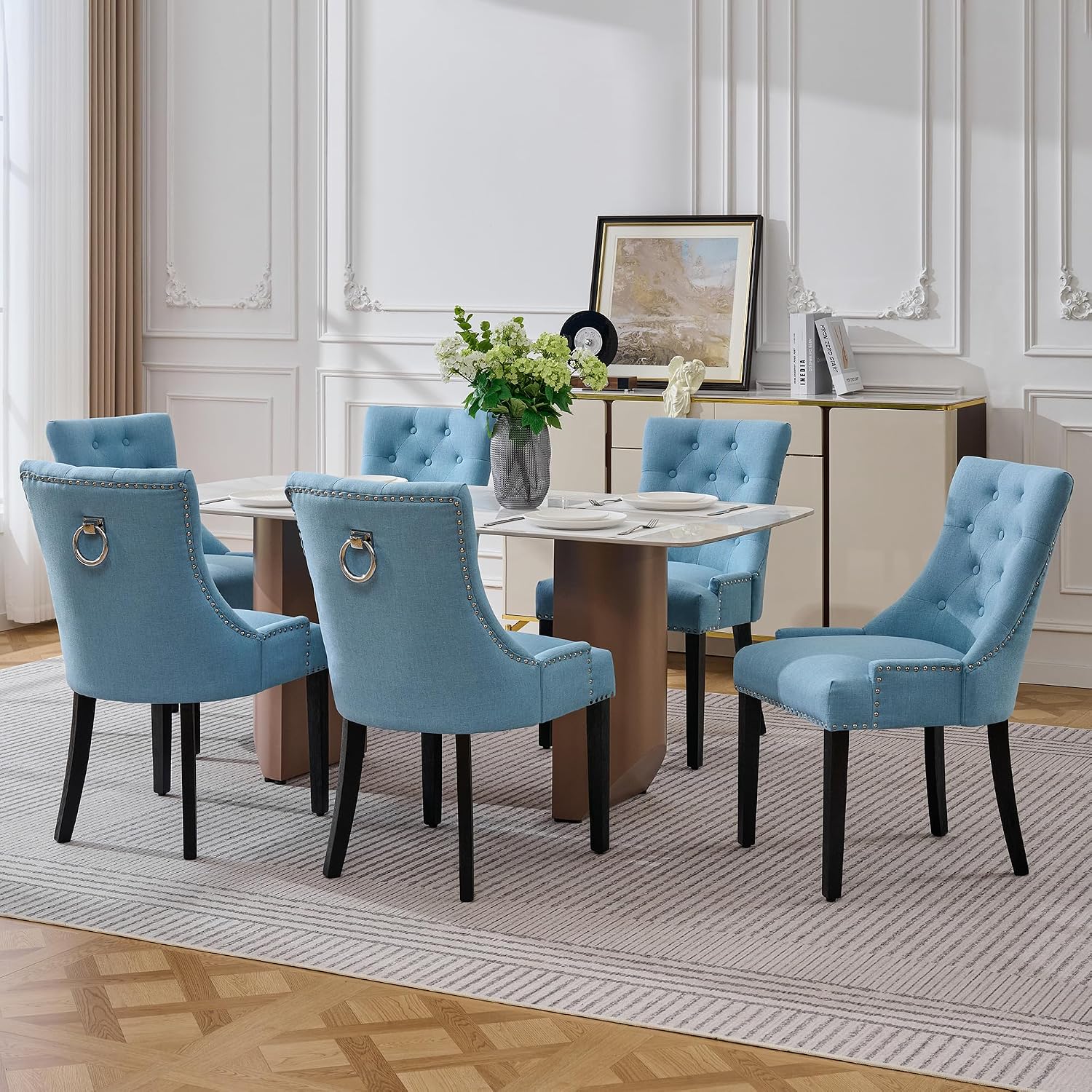 adochr Dining Chairs Set of 4, Upholstered Fabric Dining Room Chairs with Nailhead High Back & Ring Pull & Wooden Legs, Mid-Century Modern Kitchen Chairs for Restaurant, Living Room, Light Blue