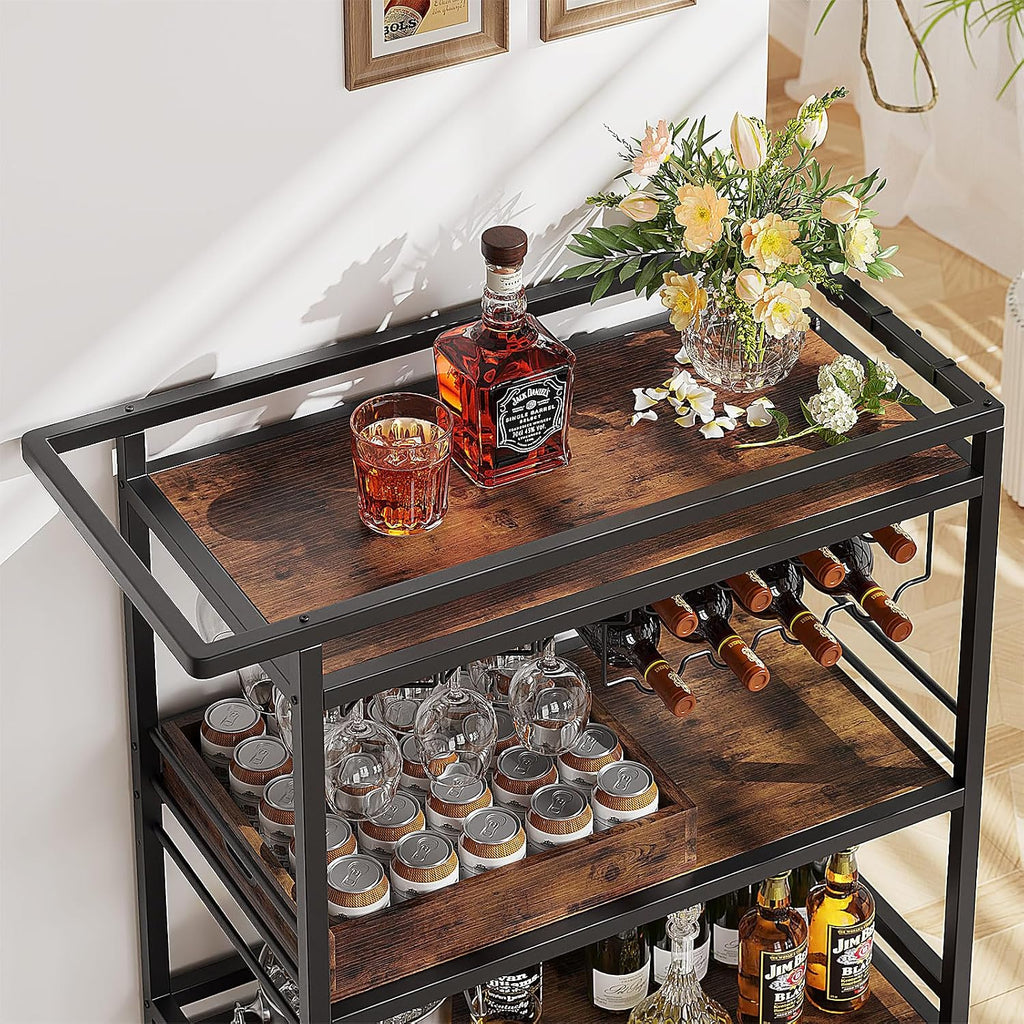 Leteuke Bar Cart for Home, 3 Tier Rolling Serving Carts with Wheels | Drink Cart, Liquor Stand with Removable Tray, Wine Rack and Glass Holder for Kitchen, Outdoor, Dining Room-Black Brown