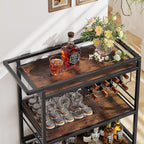 Leteuke Bar Cart for Home, 3 Tier Rolling Serving Carts with Wheels | Drink Cart, Liquor Stand with Removable Tray, Wine Rack and Glass Holder for Kitchen, Outdoor, Dining Room-Black Brown