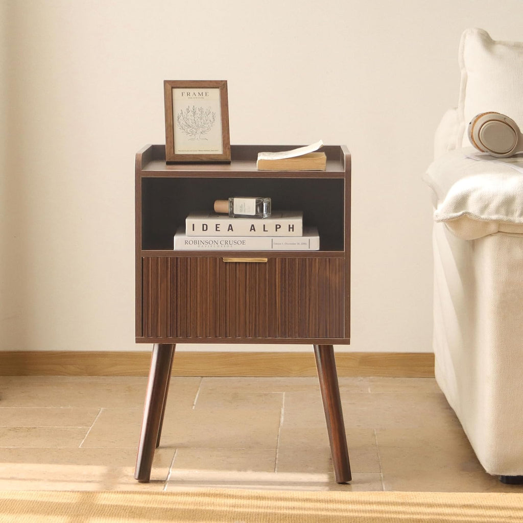 Night Stand, Mid Century Modern Nightstand with Fluted Drawers and Open Shelf, Small Accent Bedside Table for Bedroom, Living Room, and Small Spaces (Walnut Brown)