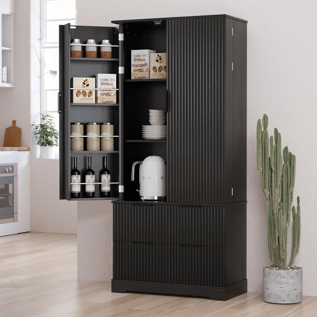 Polibi 72" Fluted Kitchen Pantry Cabinet with Drawers & 3 Shelves,Black | 8 Built-In Door Spice Racks. Sturdy MDF,Freestanding Storage Organizer for Kitchen Dining Room