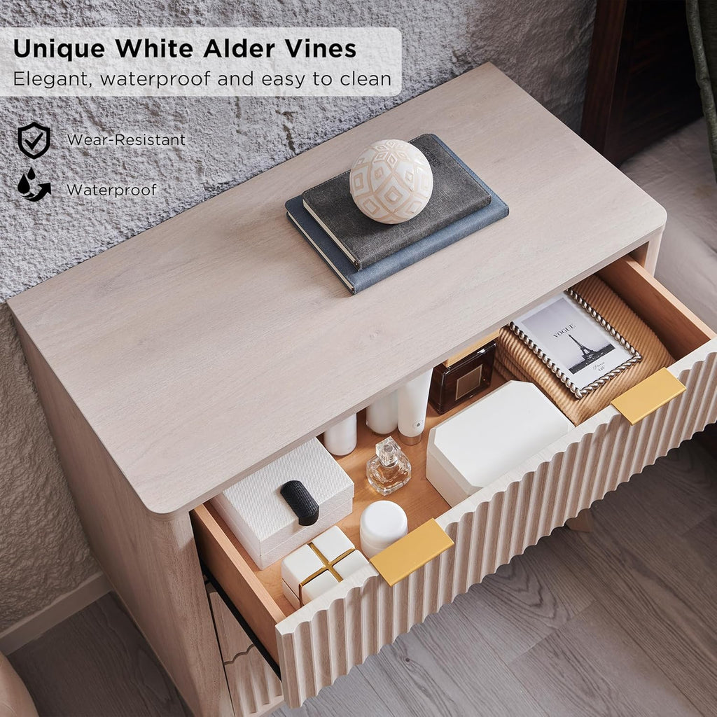 T4TREAM 32" Large Fluted Nightstand with 3 Drawers, White Alder | Oversized, Mid Century Modern, Curved Profile, Metal Handles, Smooth Slides, Spacious Drawers, for Bedroom, Living Room