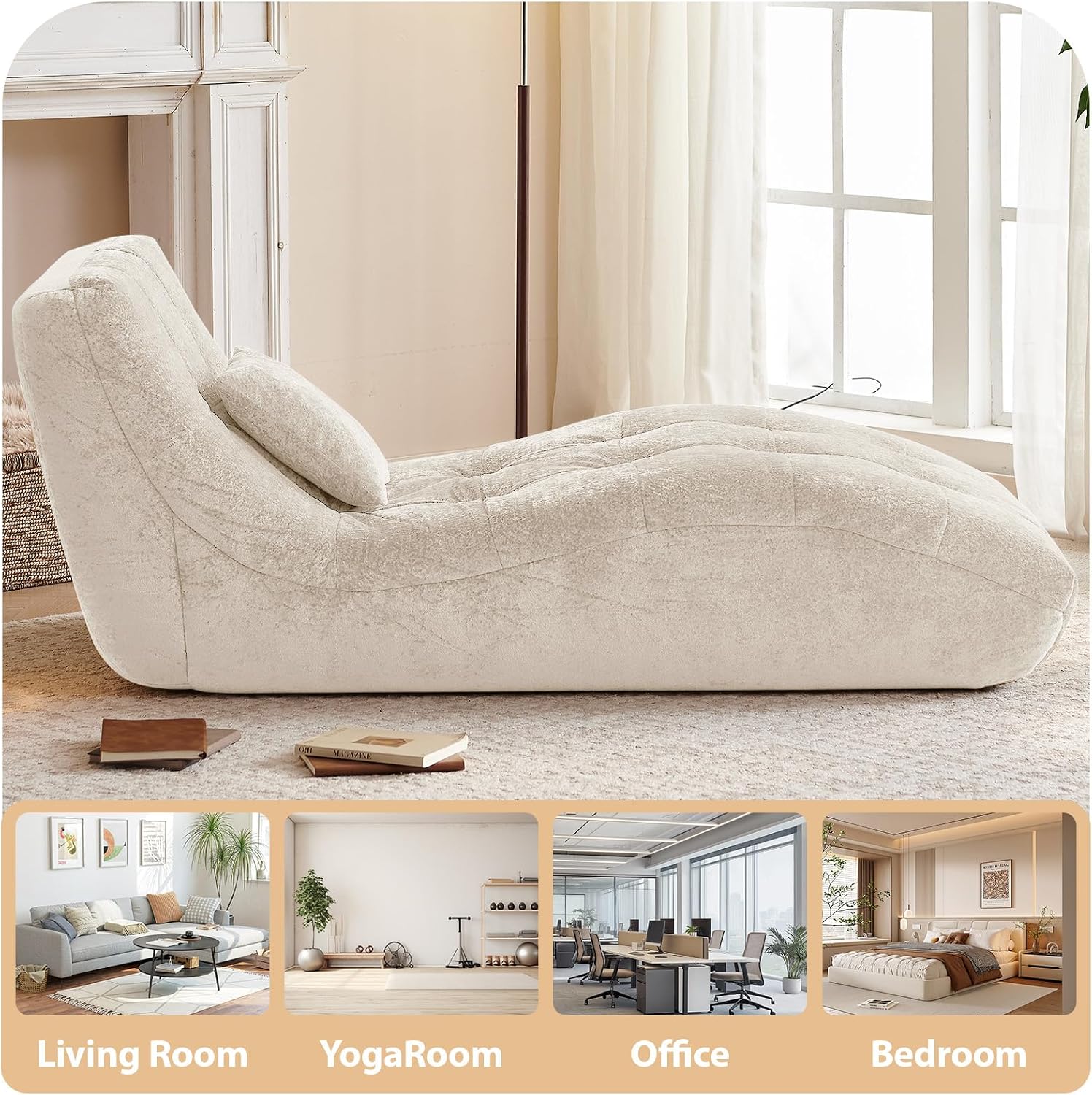 Chaise Lounge Chair with Curved Back, Modern Upholstered Recliner Sofa, Tufted Accent Lounger Comfortable Lazy Chair for Bedroom, Apartment (Beige)