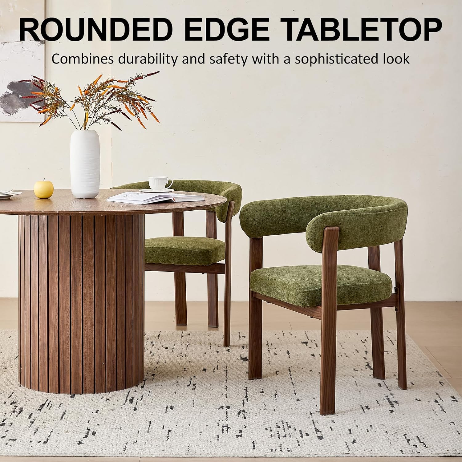 47" Round Dining Table Set for 4, Walnut Wood Grain Tabletop with 4 Green Chenille Upholstered Armchairs, Thick Cushions and Sturdy Metal Frames
